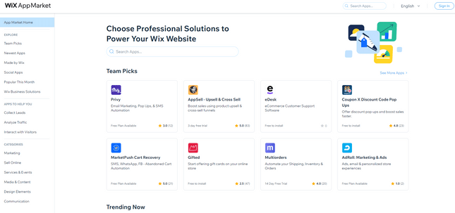 Wix App Market Wix App Market, featuring selection of apps to integrate with