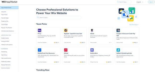 Wix App Market, featuring selection of apps to integrate with