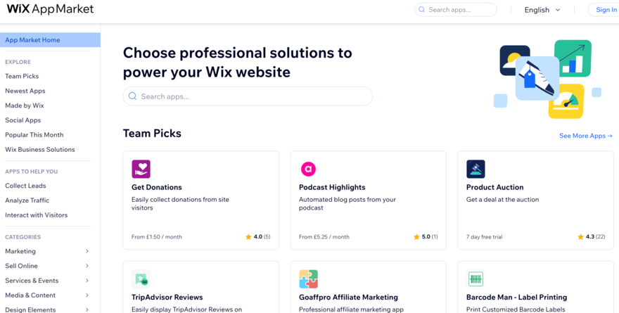 Wix App Market Homepage for the Wix App Market