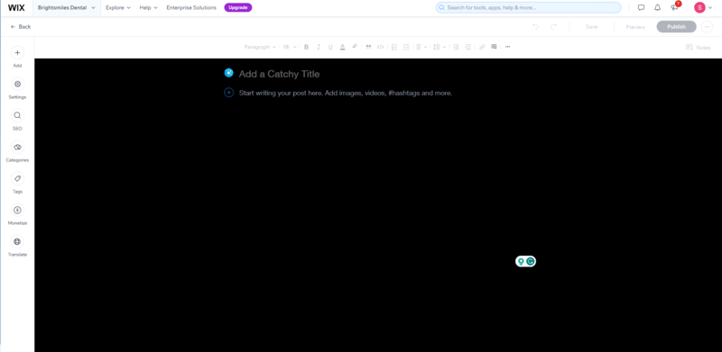 wix blogging backend an empty black blog template, waiting to be written