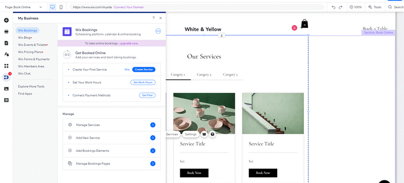 a screenshot of the Wix editor showing booking settings with placeholder images of stairs and a tea set