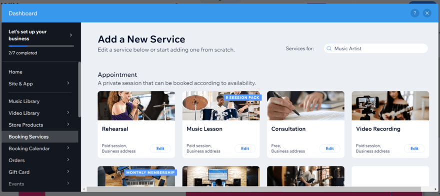 Wix Bookings add service Wix Bookings dashboard inviting users to add a new service
