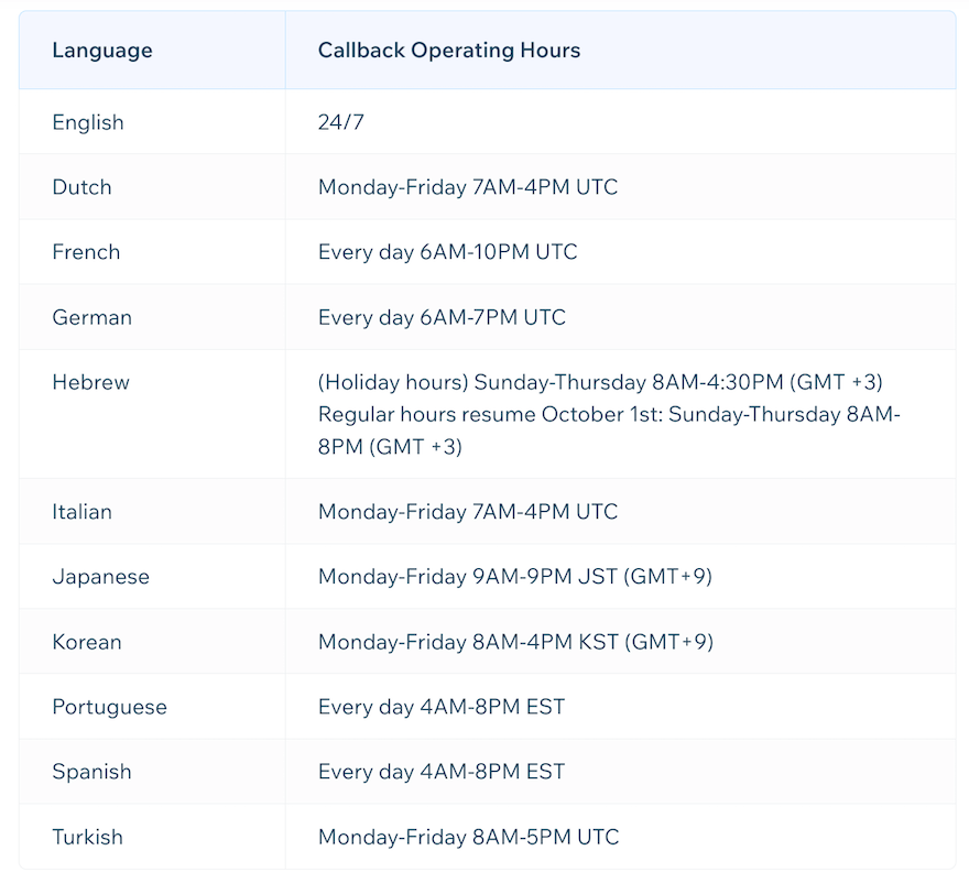 Wix calback hours screenshot Wix calback hours screenshot