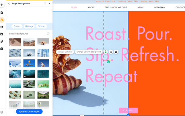 Wix Change Background Wix editor Change Background opening menu revealing library of images