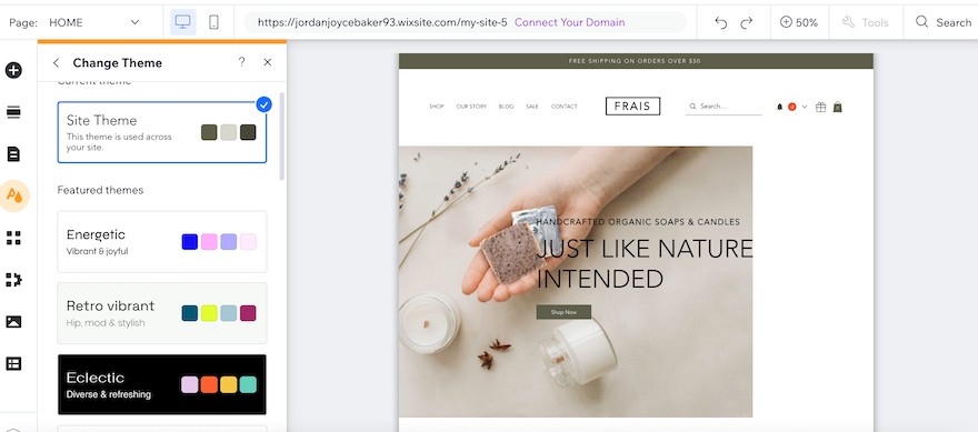 Wix Change Theme Colors The Wix editor with the menu open on the ‘Change Theme’ tab on the left-hand side.
