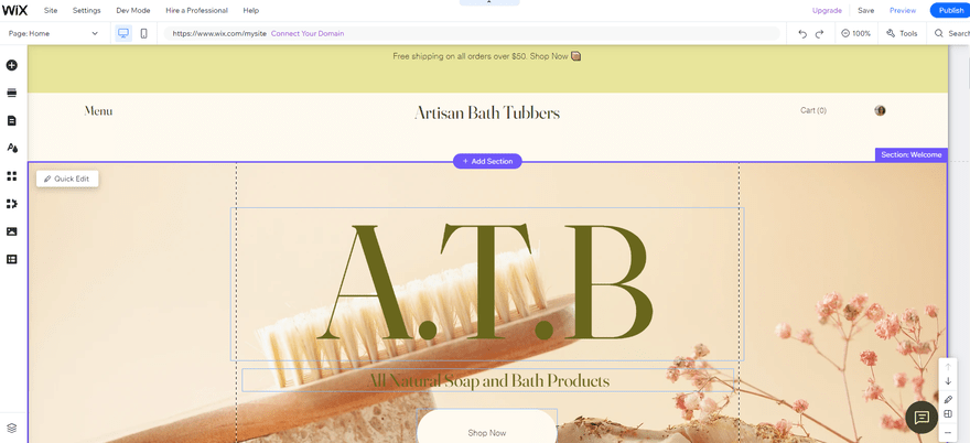 Wix choose an image change 2 A backend look at a Wix website with a new image of soaps and a brush
