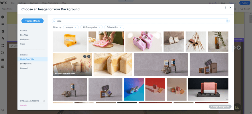 Wix choose an image Choose a background pop up in Wix editor with a selection of images you can choose from