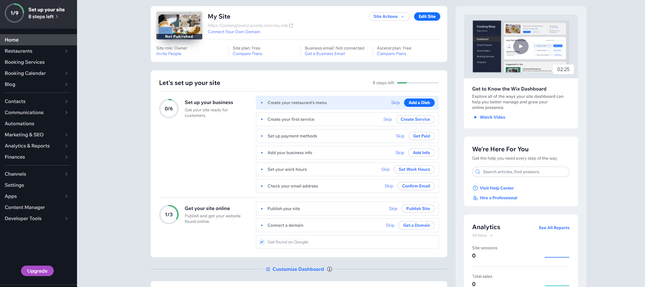 Wix Dashboard Wix Dashboard with menu on the left and summary of the various settings of your website