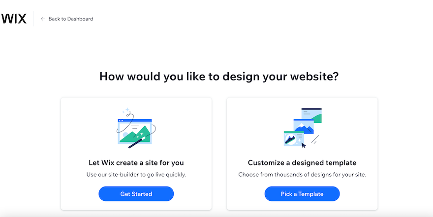 The Wix “How would you like to design your website?” page, showing two options, with one button for AI creation, the other for customizing a template.
