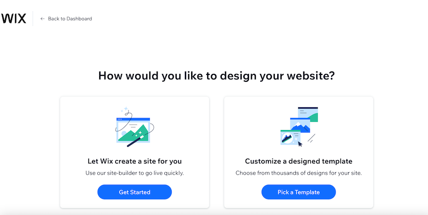 Wix Design Your Site The Wix “How would you like to design your website?” page, showing two options, with one button for AI creation, the other for customizing a template.