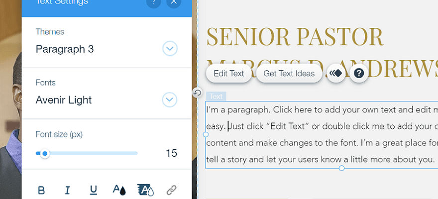 A text editing box on Wix's website builder editor, with options to change the font and size