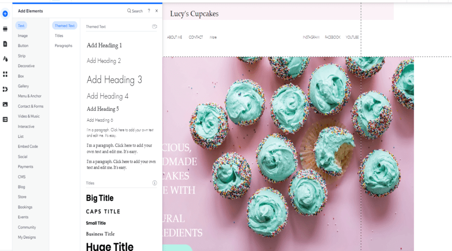 Wix Editor Image of Wix editor with editing menu open on the left showing different components you can add to your site.