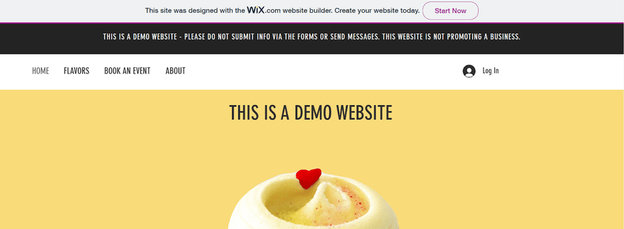 Wix free plan advertisement on site Demo free website on Wix showing a Wix banner ad along the top of the site