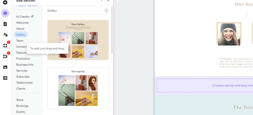 Gallery element options in Wix's website editor