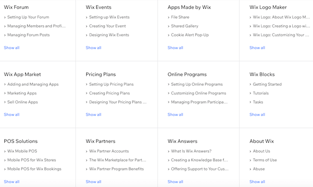 Wix Help Center topics screenshot Wix Help Center topics screenshot