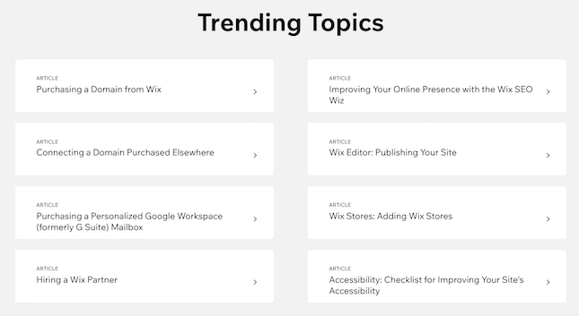 Wix Help Center Trending Topics screenshot Wix Help Center Trending Topics screenshot