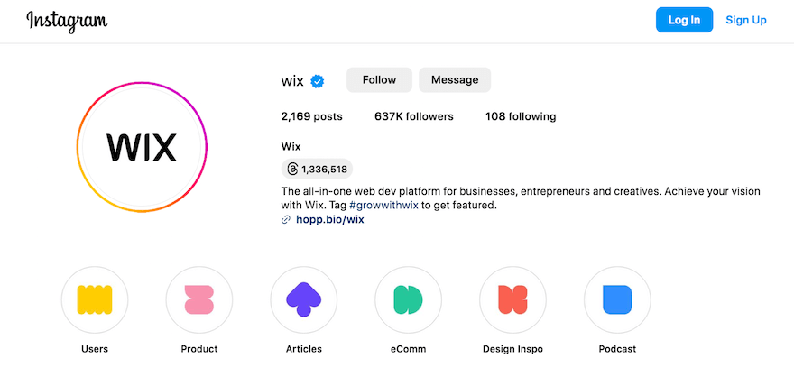Wix Instagram profile screenshot Wix Instagram profile screenshot