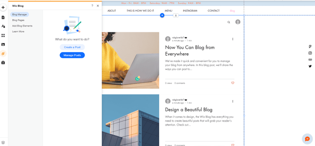Wix Manage Blog Posts Wix Manage Blog Posts in bacend editor featuring sidear menu and examples of blog posts with opening image