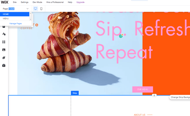 Wix Manage Pages Wix editor Managing Pages opening up a text box with blue outline