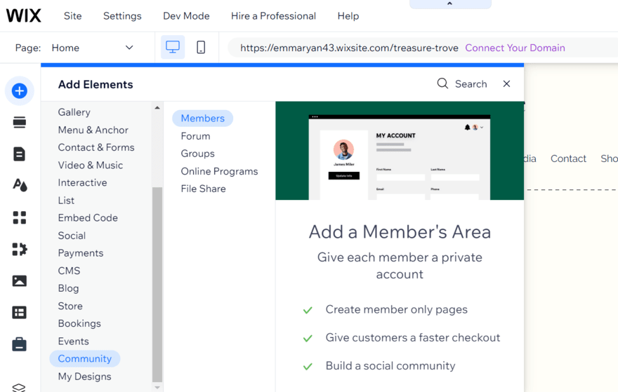 Wix members area Wix element library showing a members area element
