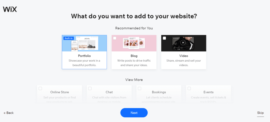 Wix onboarding question asking what do you want to add to your website