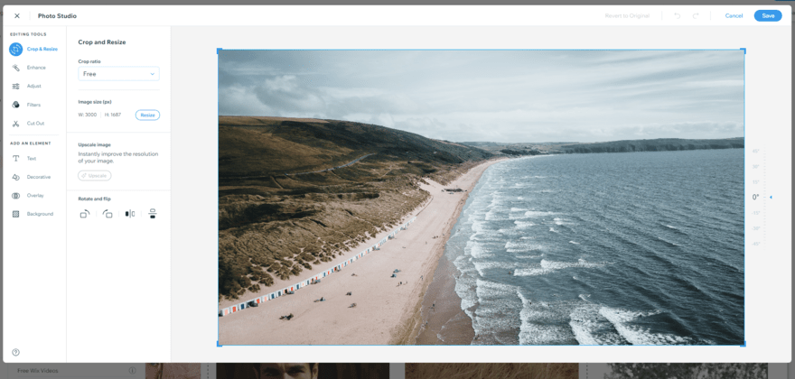 Wix Photo Studio showing a picture of a seaside being edited