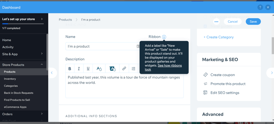 An image of a white 'Add Product' page in Wix's editor, with a helpful hint in a dark grey box to help users add the correct details.