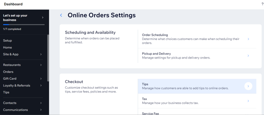 Wix Restaurant Online Order settings