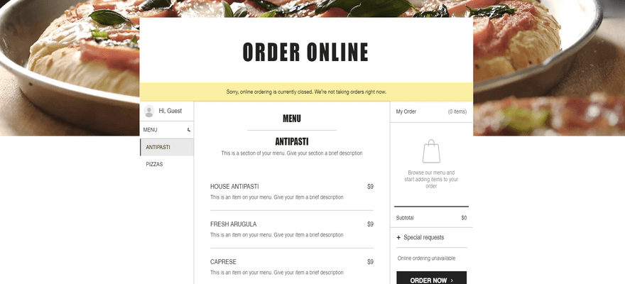 wix restaurant template pizza shop order online