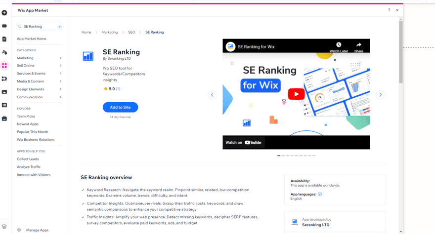 Wix SE Ranking Image of Wix App Market showing SE Ranking app with details underneath in black text and a video in the top right hand corner.