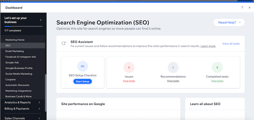 Wix SEO settings page with various tools to help prepare websites for search engines, including an SEO assistant and SEO checklist.