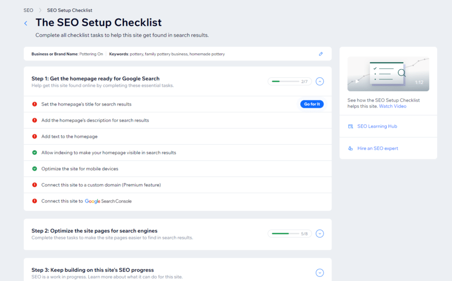 Wix SEO checklist Personalized SEO checklist produced by Wix