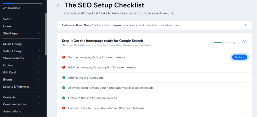 Wix's SEO setup checklist