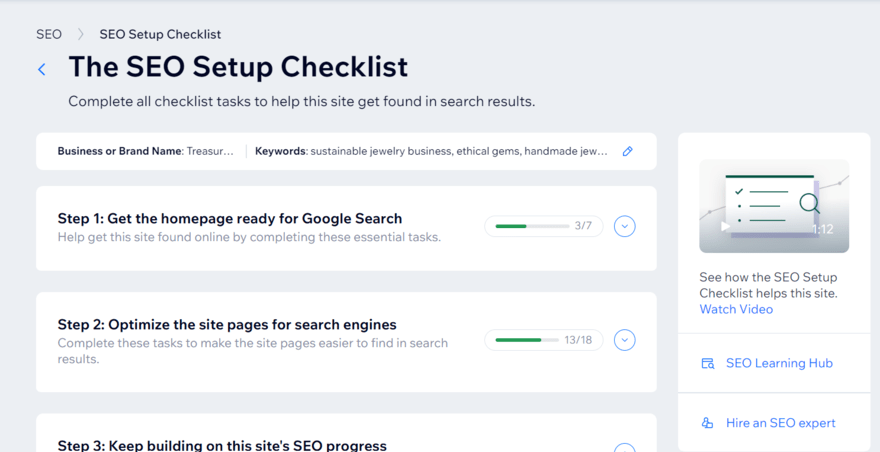 Wix SEO setup checklist (2) Wix SEO setup checklist personalized to our test jewelry website