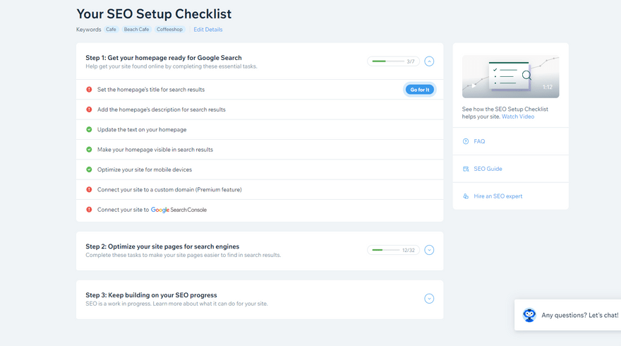 Wix SEO Wiz Wix SEO Wiz with SEO checklist with red, green or yellow to indicate strength