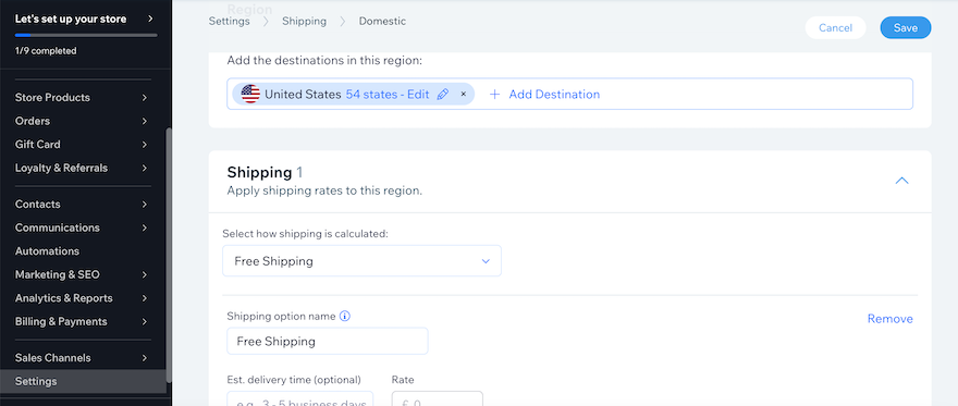 Wix Shipping section on the dashboard, showing a shipping rule for the United States.