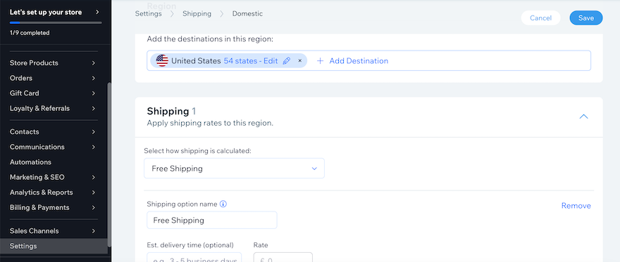 Wix Shipping Wix Shipping section on the dashboard, showing a shipping rule for the United States.