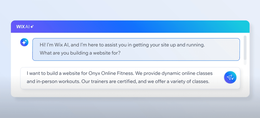 Wix site generator Wix AI chatbot asking what kind of site to build.