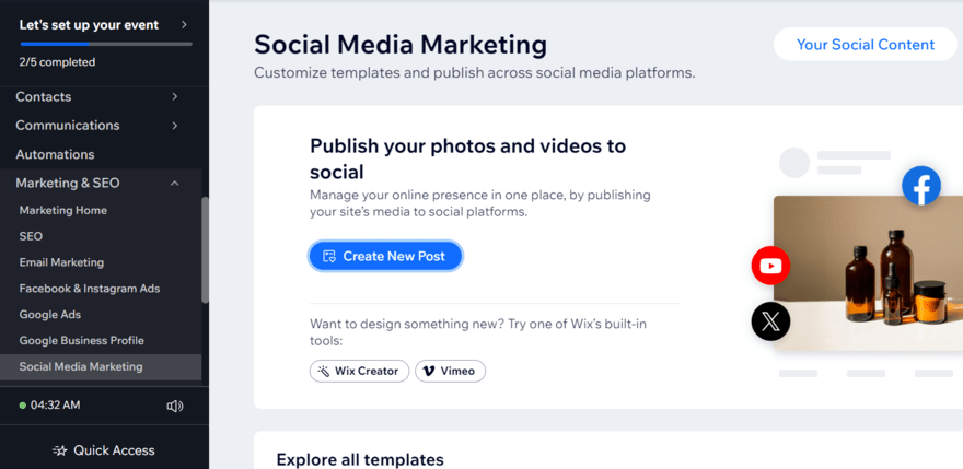 Wix editor dashboard showing social media marketing settings