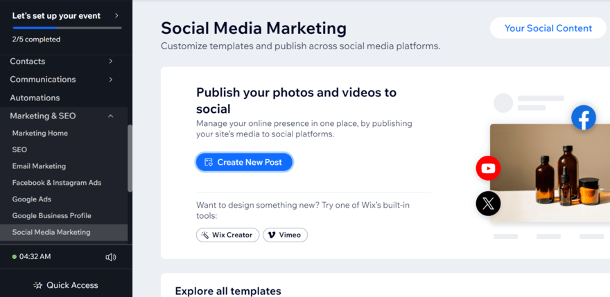 Wix social media marketing Wix editor dashboard showing social media marketing settings