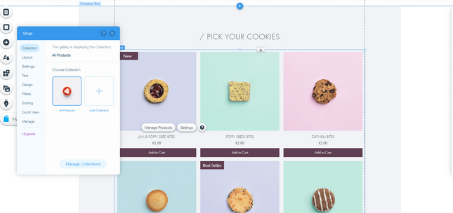 Wix Store Builder Wix ecommerce editor with pastel bakery store and editor UI in the left foreground