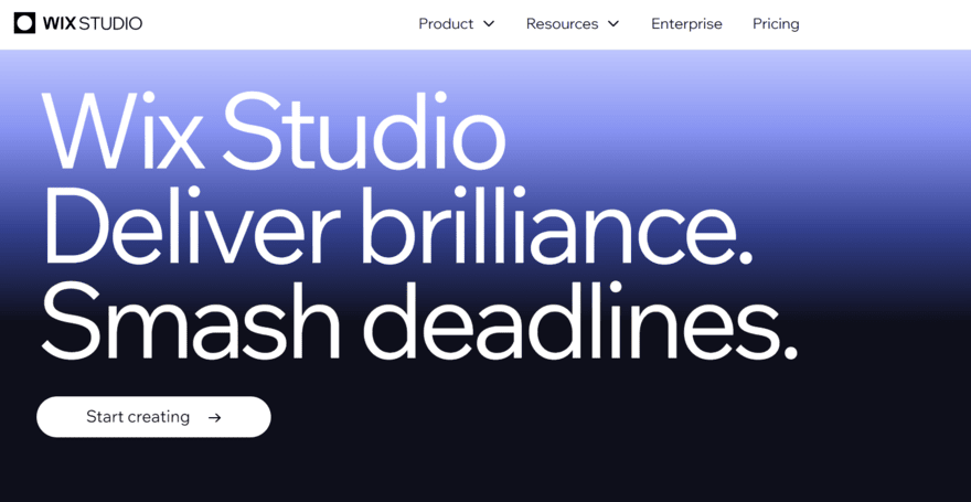 Wix Studio homepage Wix Studio homepage with a button inviting users to "start creating"