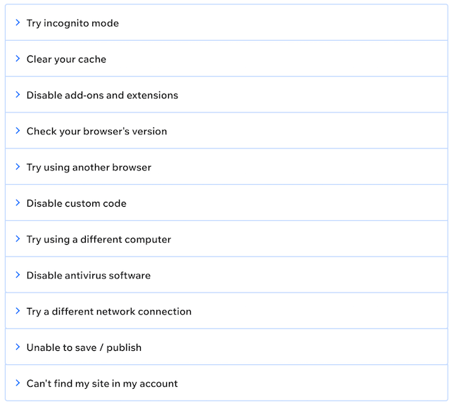 Wix Technical Assistant troubleshooting screenshot Wix Technical Assistant troubleshooting screenshot