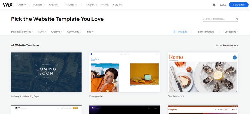 Wix template page Wix presenting a variety of template examples from photography to restaurant