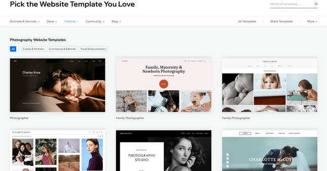 Wix Templates Selection of photography templates in Wix's website template catalog