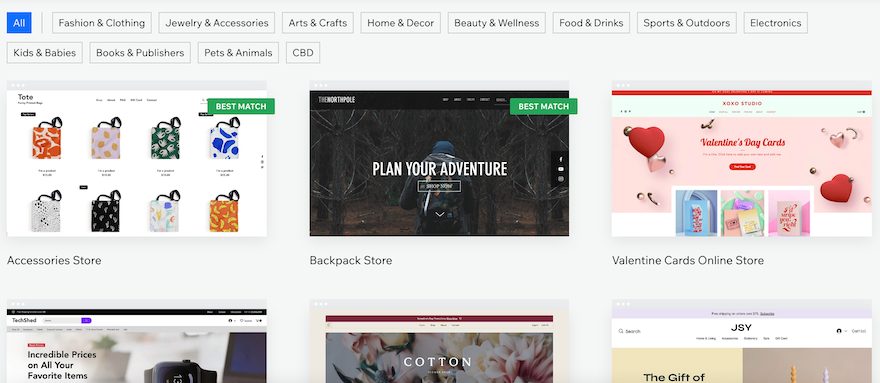 Wix’s template page, showing six online store template examples.