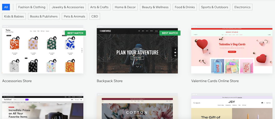 Wix Templates Wix’s template page, showing six online store template examples.