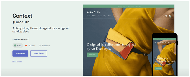 wix vs shopify theme style options shopify theme product page with price on the left and examples of theme in desktop and mobile view on right
