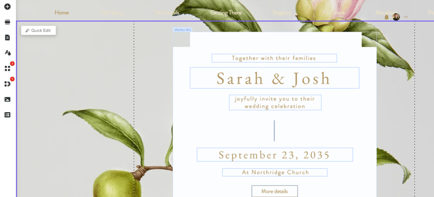 Wix wedding website template featuring key invite information in a text box