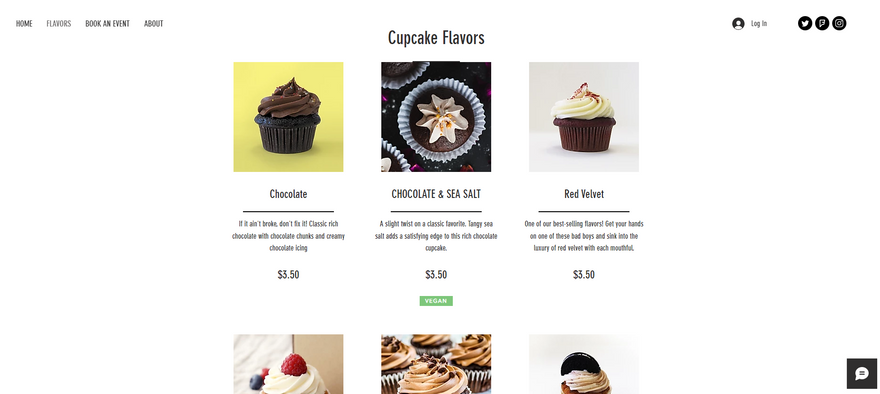 Menu element on a Wix website, showing pictures of cupcakes with descriptions and prices